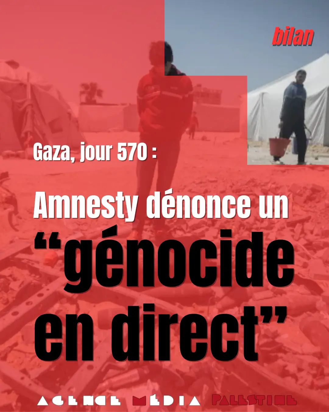 Image qui montre qu'Amnesty dénonce génocide en direct à Gaza.