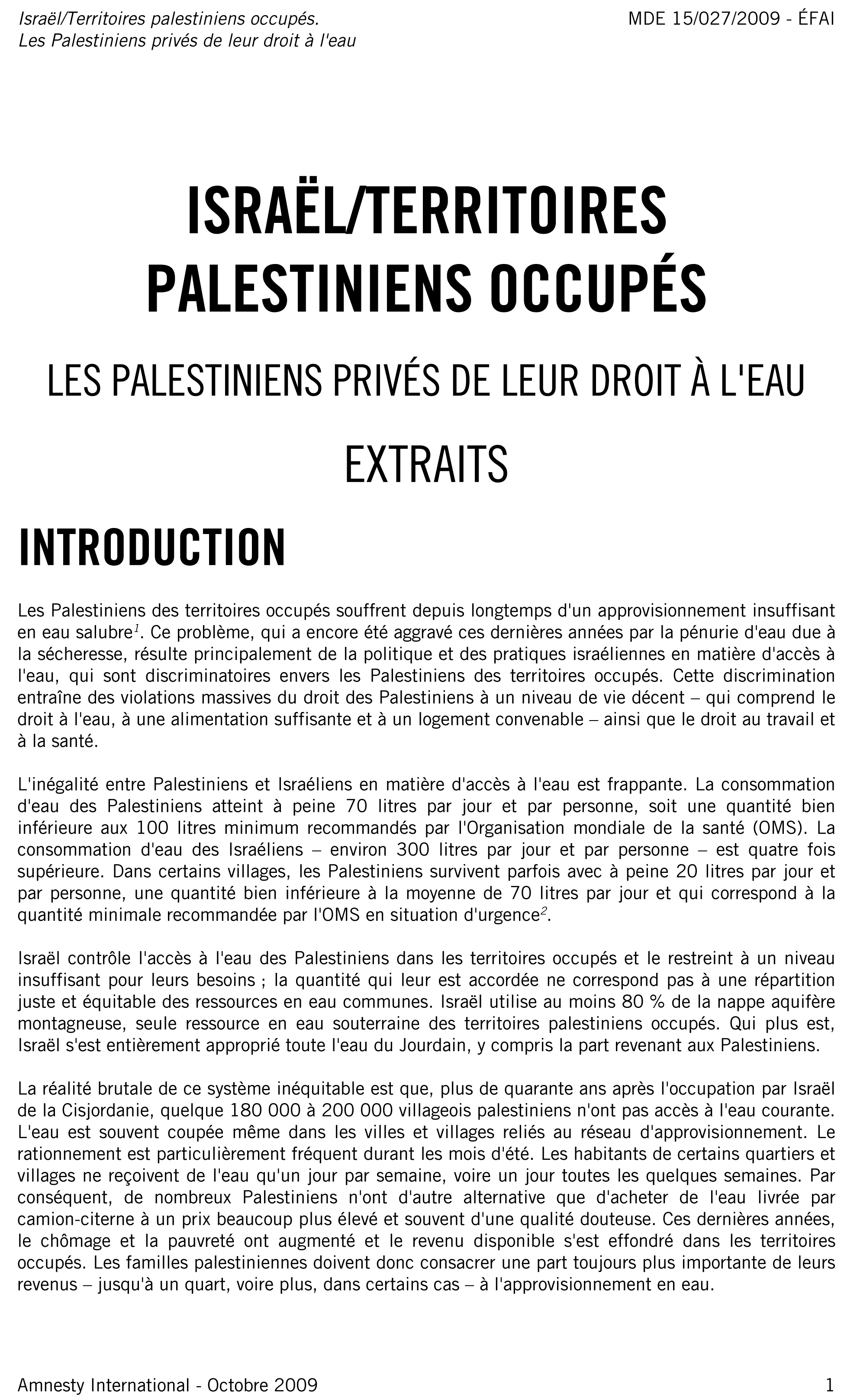 Les palestiniens privés de leur droit à l’eau, extraits du rapport